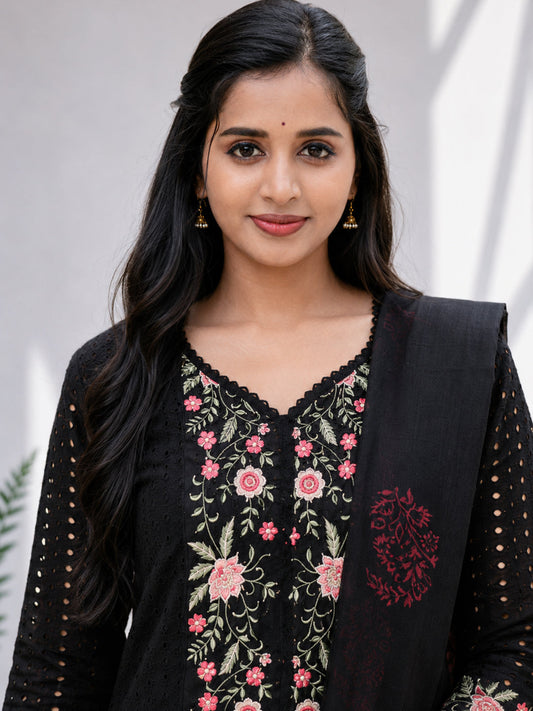Women Cotton Embroidered Black Kurti Set EKS138