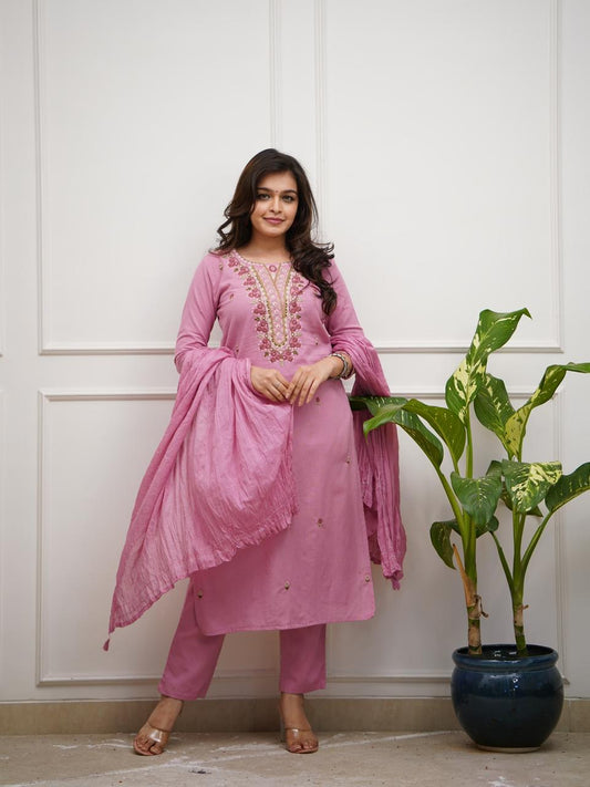 Pink Cotton Kurta With Embroidered Yoke