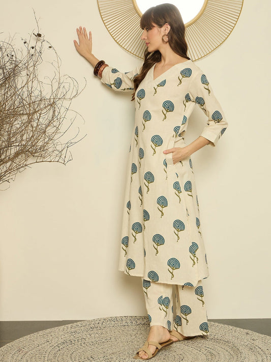 Cream Cotton Teal Botanical Print Co-ord Set