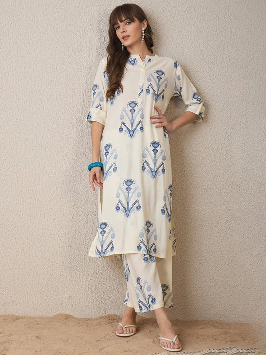 Straight Fit Cream Cotton Kurta Pant Set