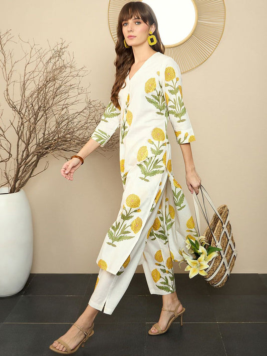 Premium Cream Cotton Marigold Print Kurta Set