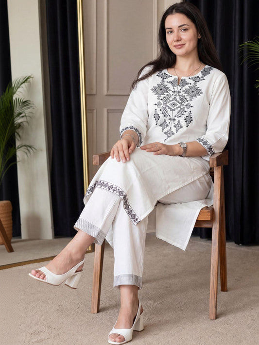 White Kurta Set With Charcoal Tribal Embroidery