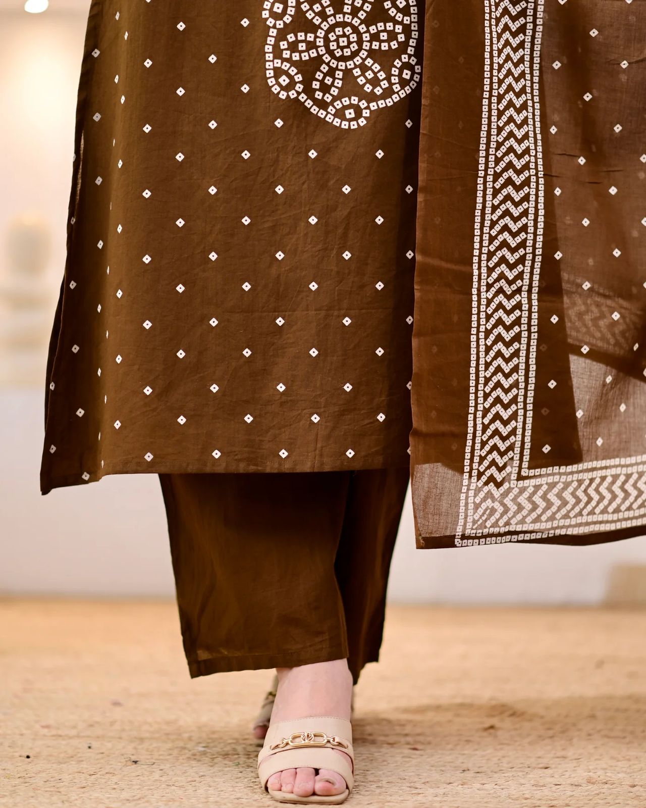 Premium Coffee Brown Bandhni Cotton Kurta Set