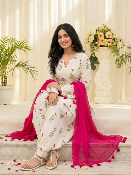 White Floral Printed Cotton Kurta Pant Set with Pink Dupatta for Women