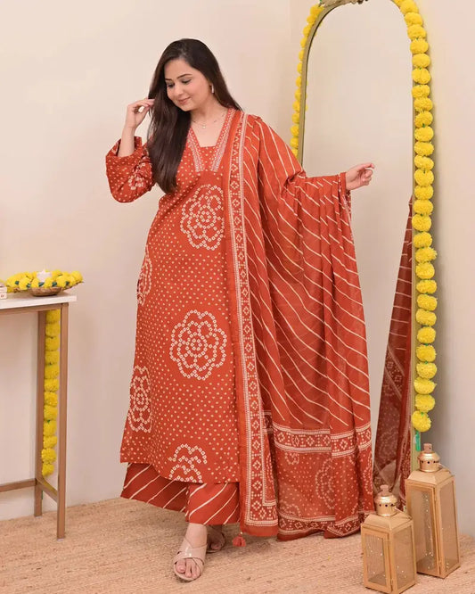 Rust Bandhej Cotton A Line Suit Set