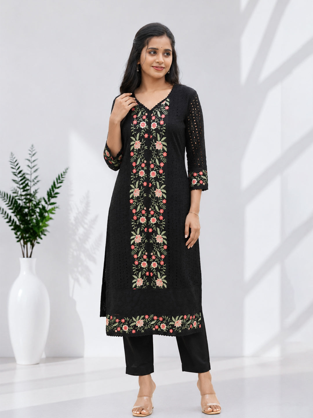 Women Cotton Embroidered Black Kurti Set EKS138