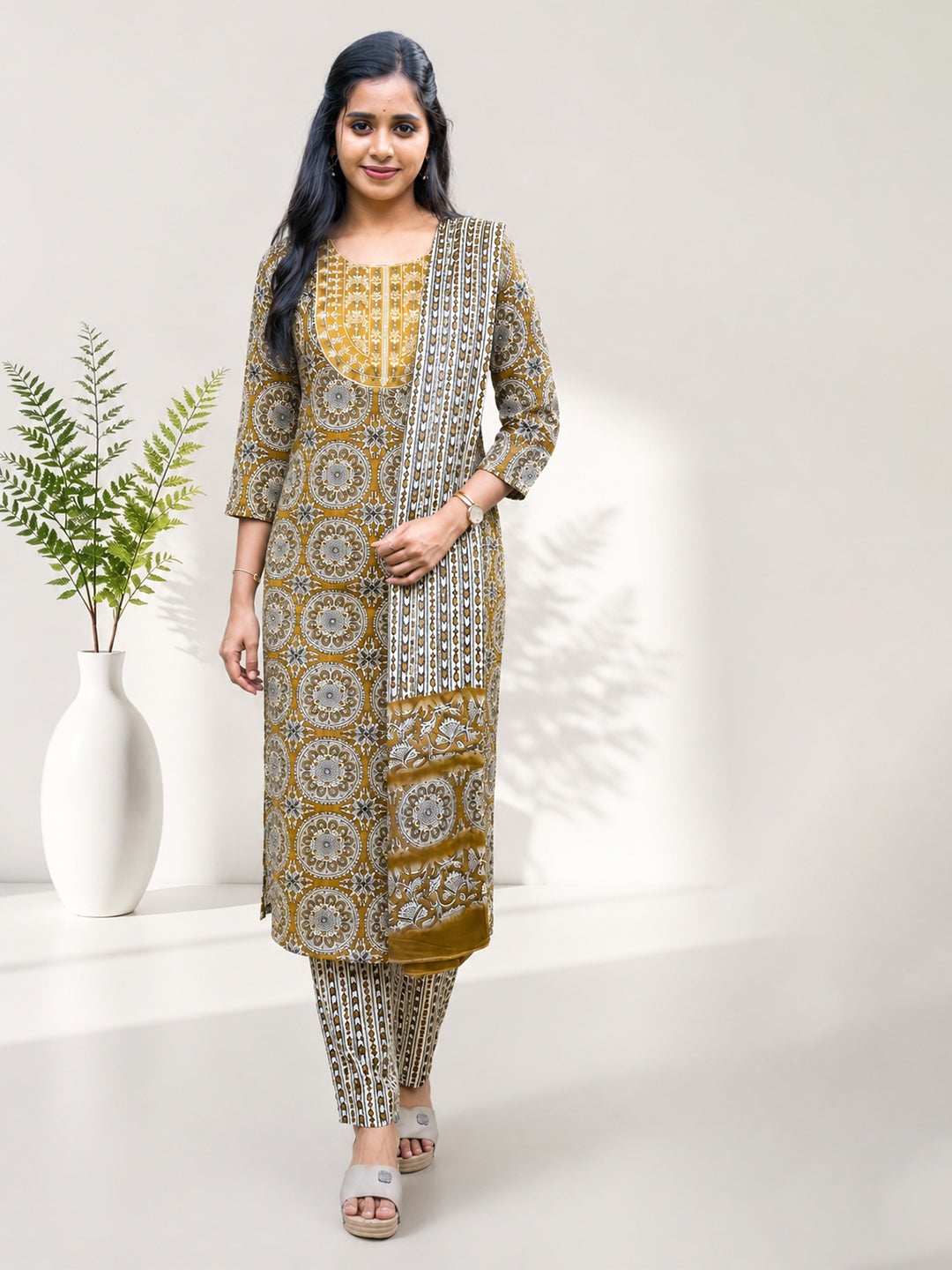 Women Printed Olive Green Kurti Set EKS142