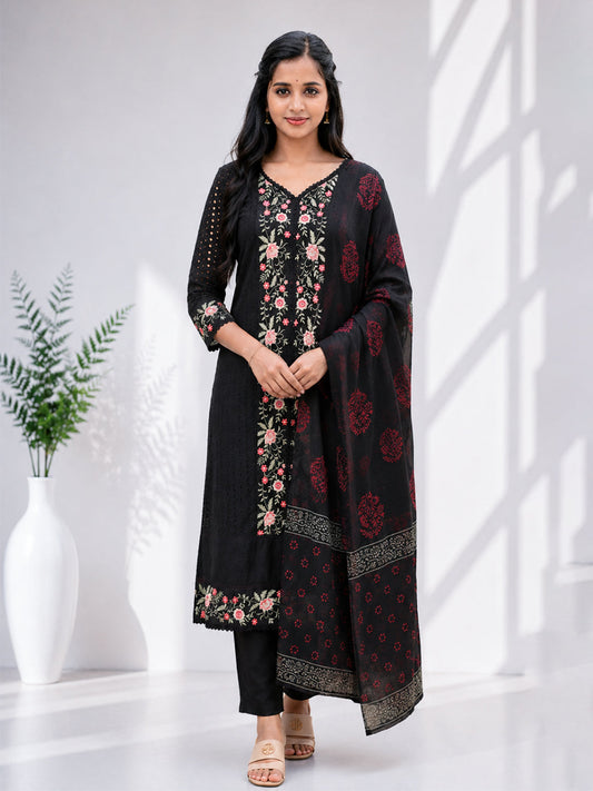 Women Cotton Embroidered Black Kurti Set EKS138