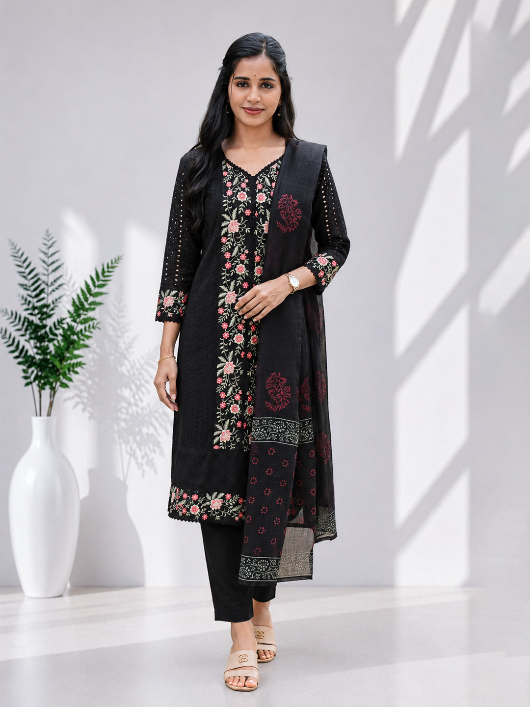 Women Cotton Embroidered Black Kurti Set EKS138