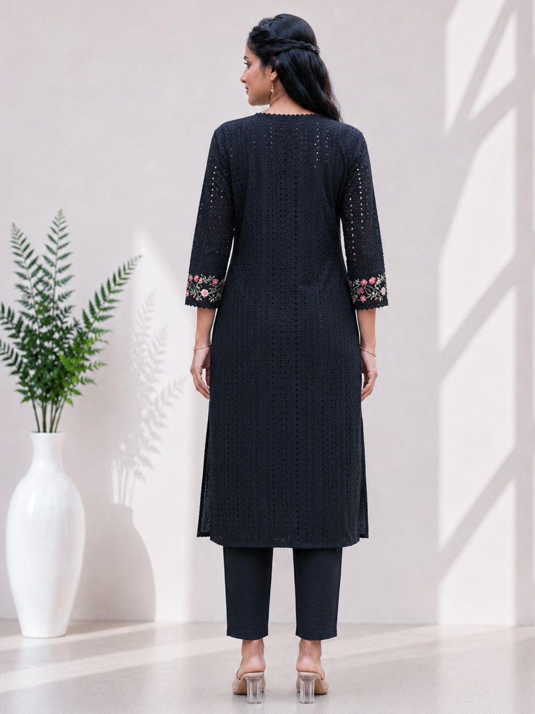 Women Cotton Embroidered Black Kurti Set EKS138