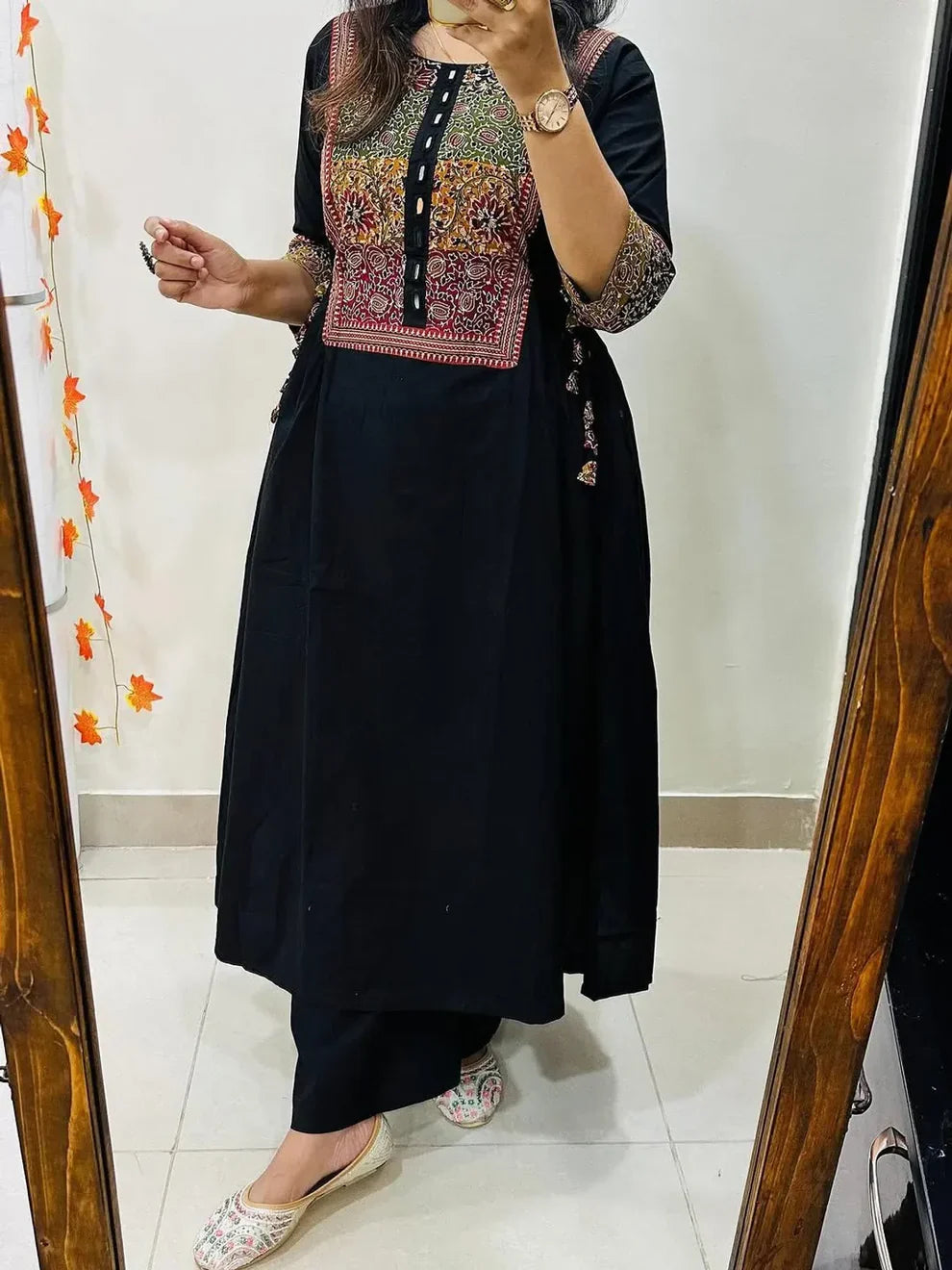 Women’s Black Cotton Anarkali Kurta Pant Set with Embroidered Yoke