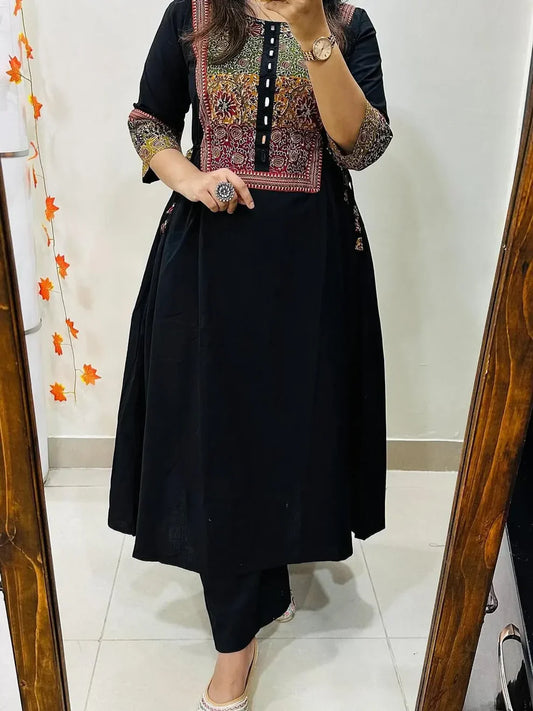 Women’s Black Cotton Anarkali Kurta Pant Set with Embroidered Yoke