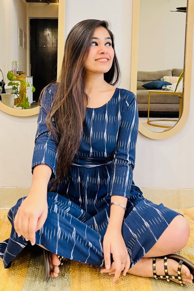 NAVY IKAT BOW-BACK FLARED DRESS