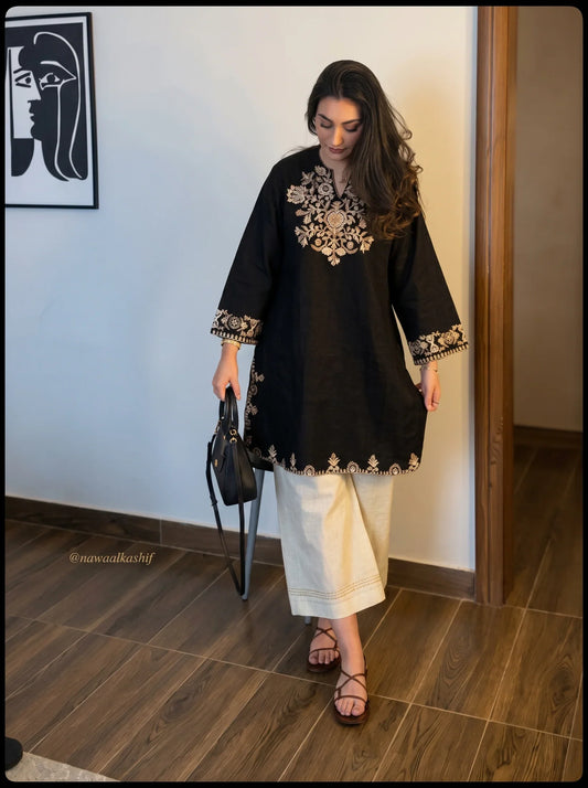 Embroidery Black Cotton Kurta Set with Palazzo Pants