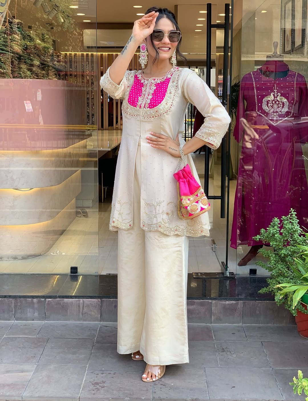 Elegant Ivory & Pink Embroidered Kurta Set With Palazzo Pants