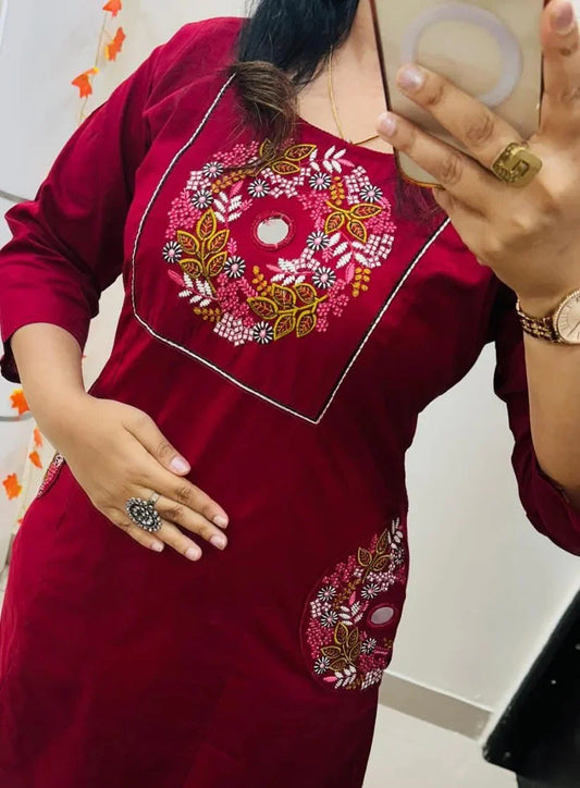 Maroon Embroidered Straight Kurta Set with Pants for Women