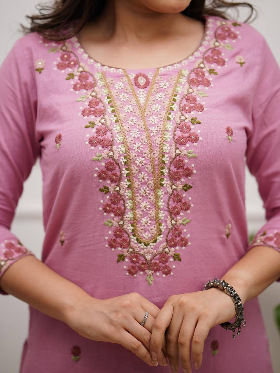 Pink Cotton Kurta With Embroidered Yoke