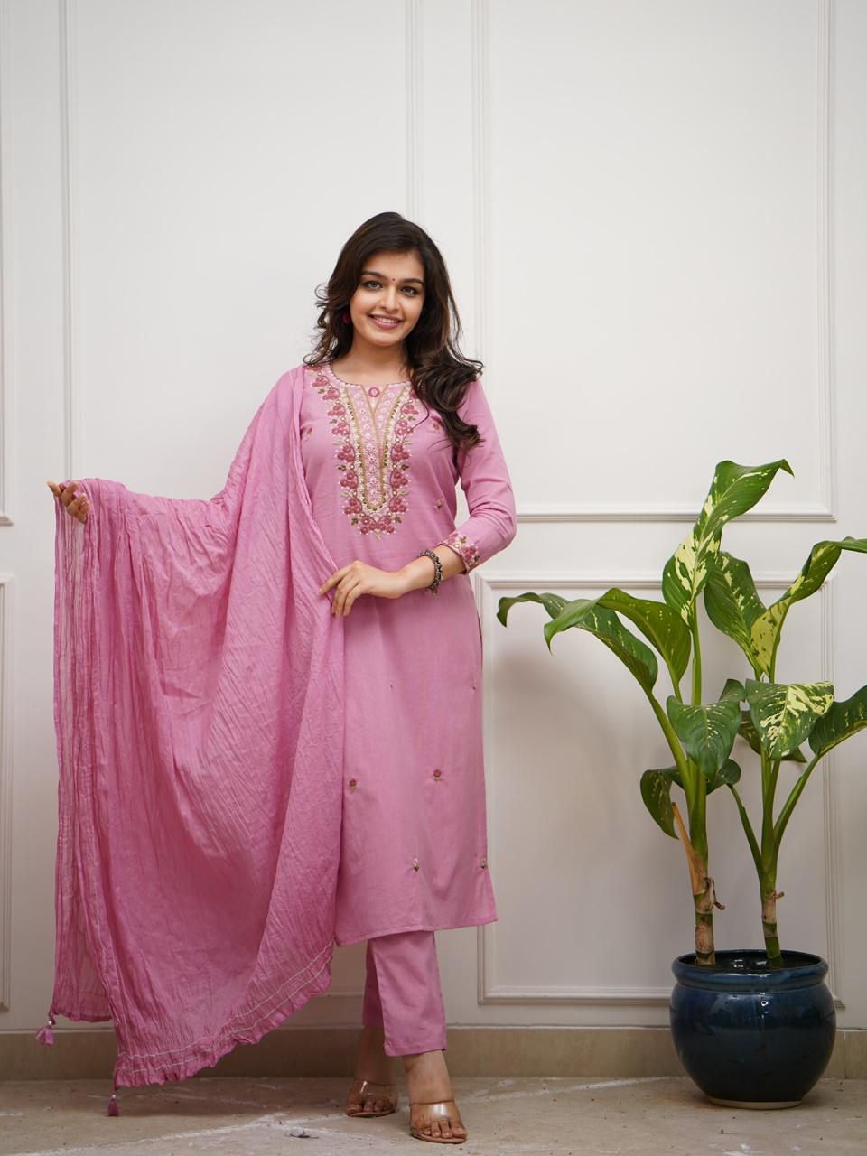 Pink Cotton Kurta With Embroidered Yoke