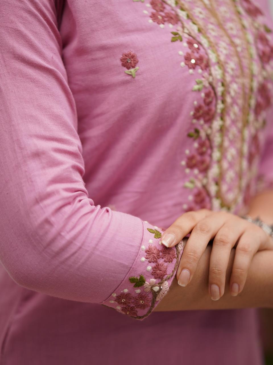 Pink Cotton Kurta With Embroidered Yoke