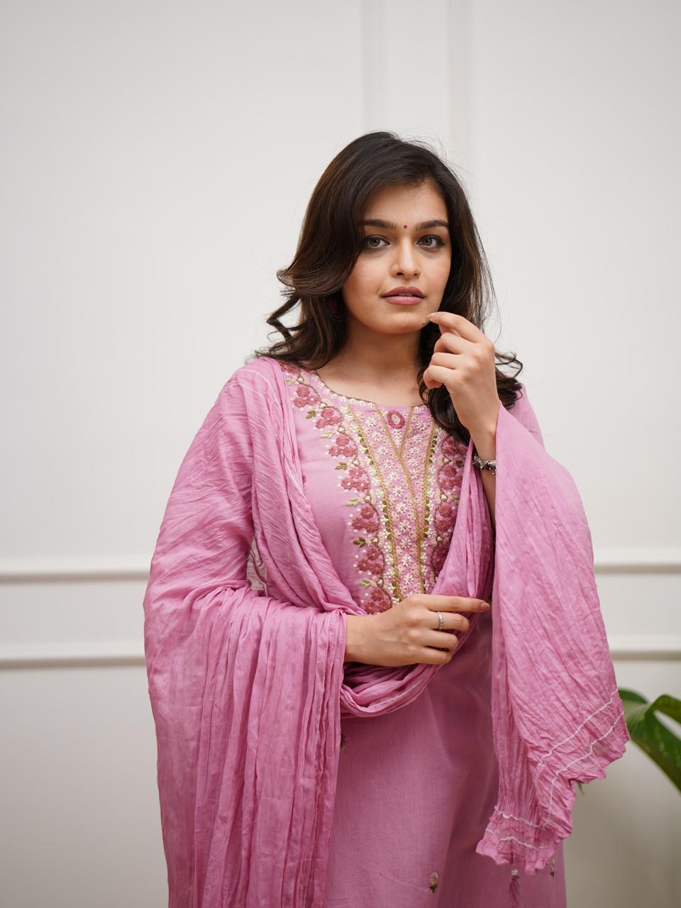 Pink Cotton Kurta With Embroidered Yoke