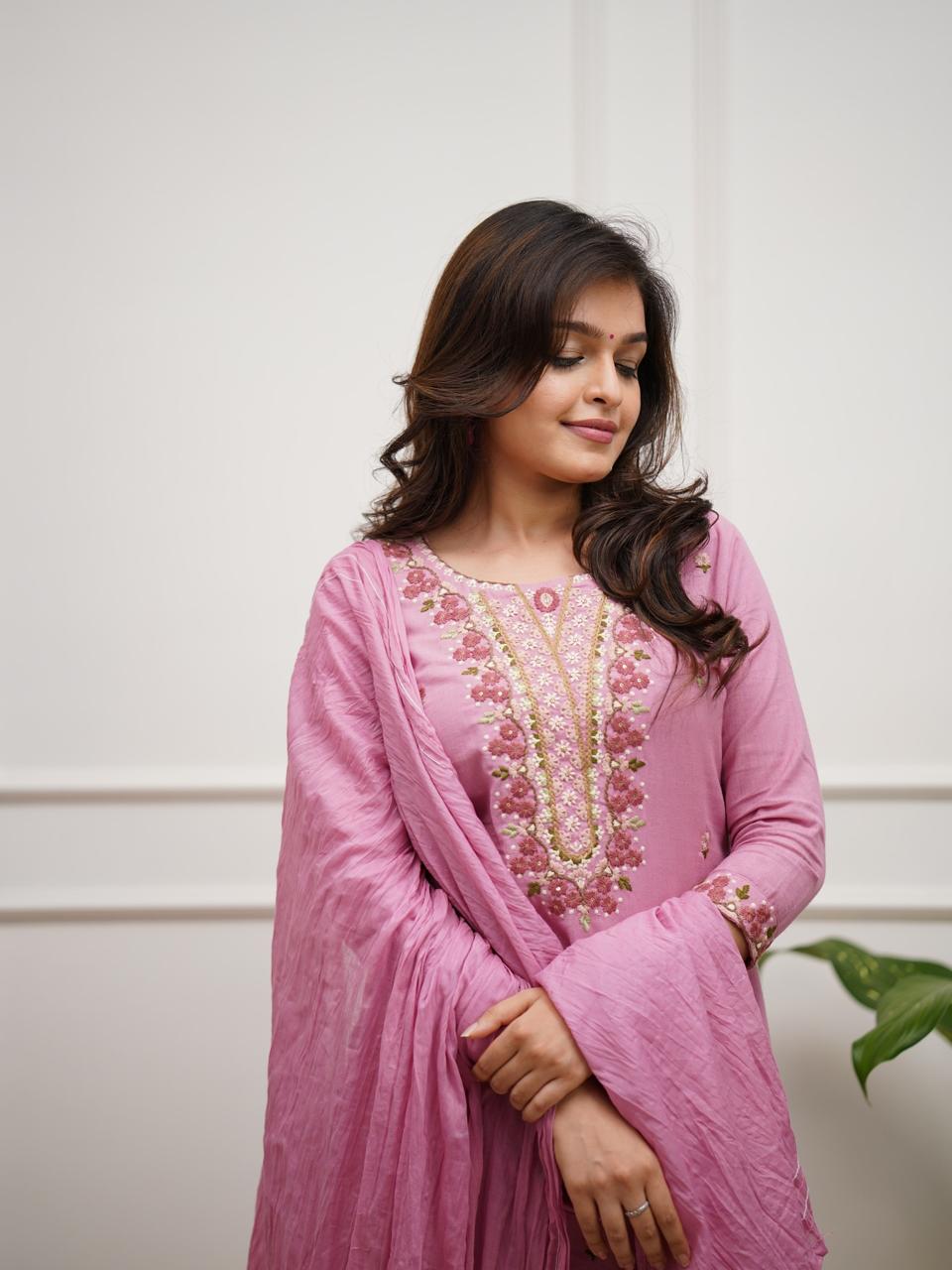 Pink Cotton Kurta With Embroidered Yoke