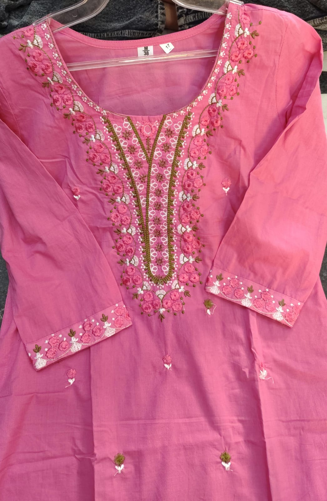Pink Cotton Kurta With Embroidered Yoke