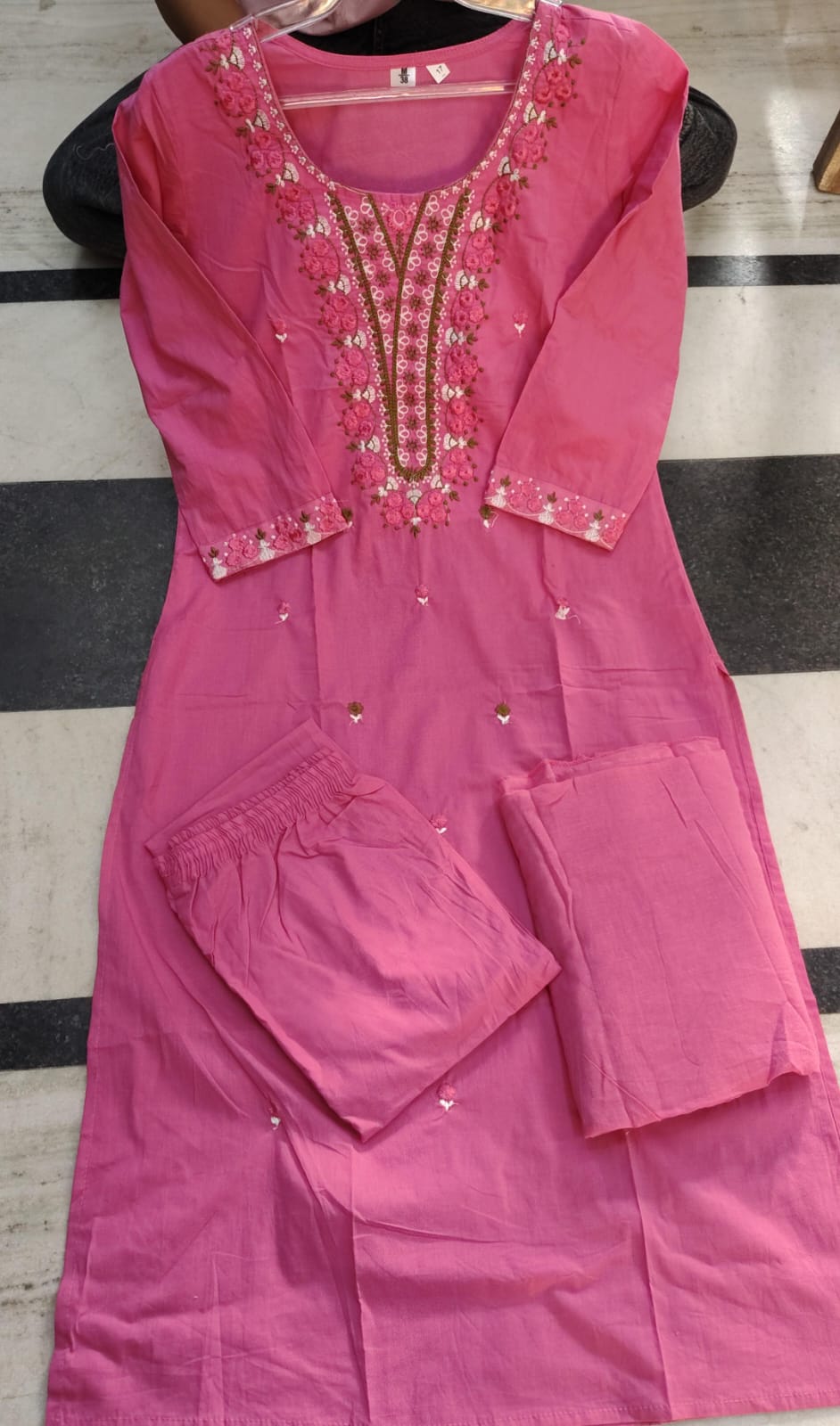 Pink Cotton Kurta With Embroidered Yoke