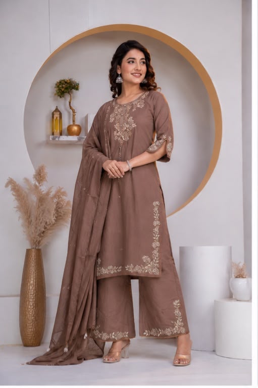 Mocha Brown Embroidered Cotton Kurta Palazzo Set