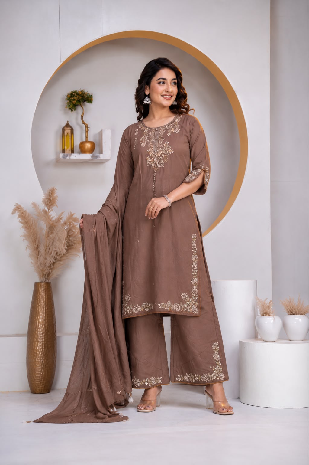 Mocha Brown Embroidered Cotton Kurta Palazzo Set