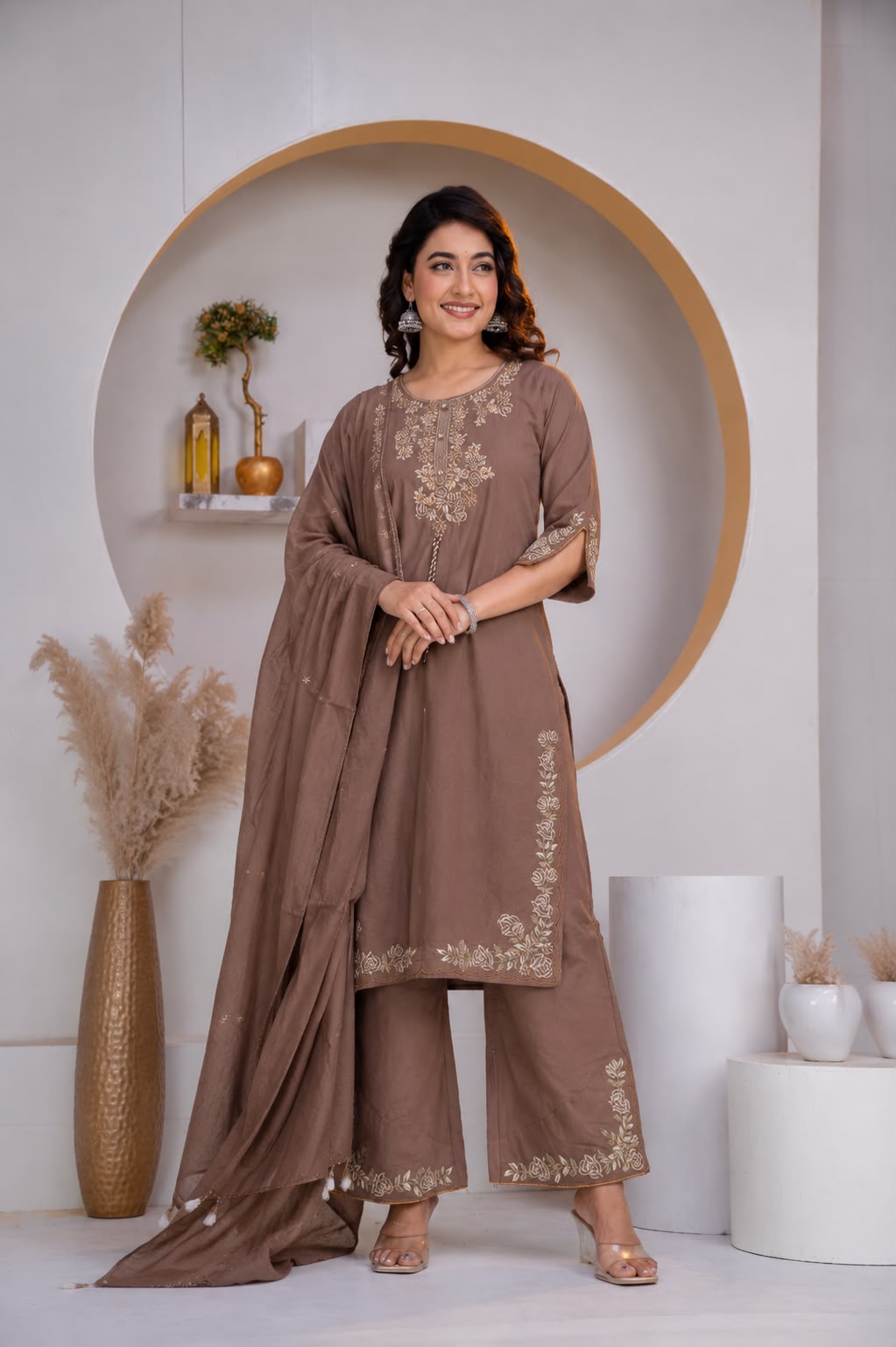Mocha Brown Embroidered Cotton Kurta Palazzo Set