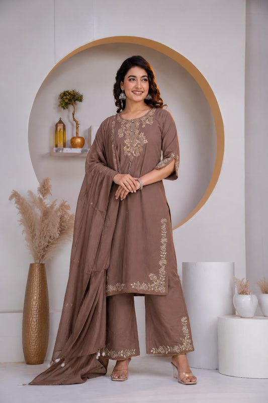 Mocha Brown Embroidered Cotton Kurta Palazzo Set