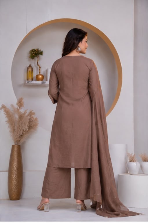 Mocha Brown Embroidered Cotton Kurta Palazzo Set