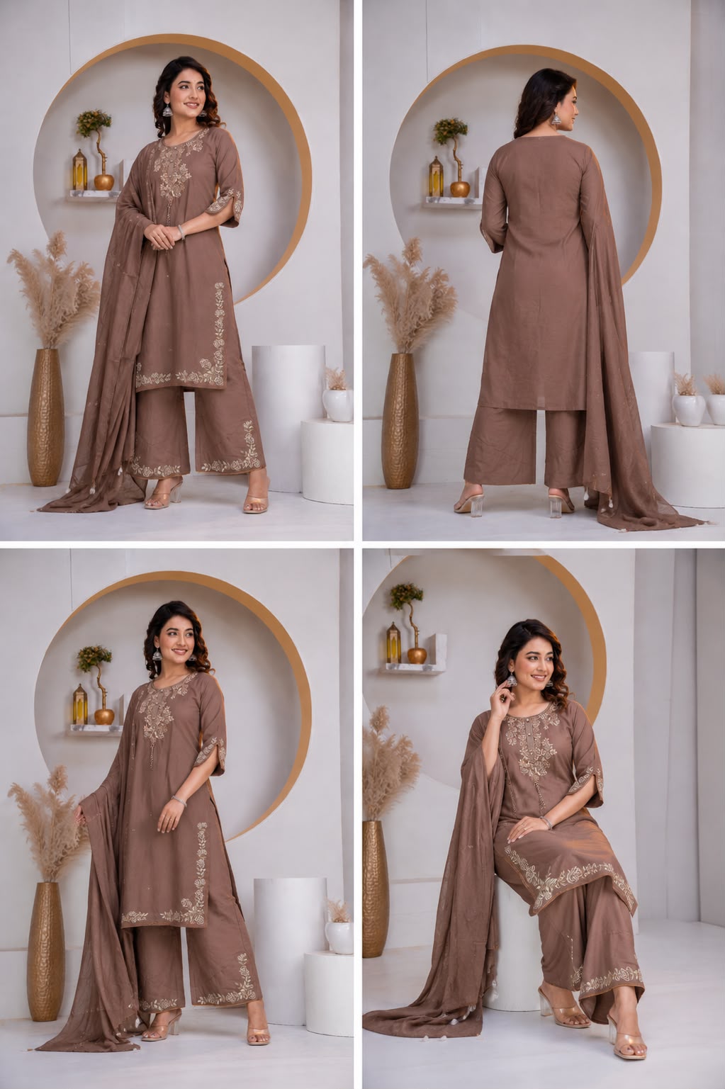 Mocha Brown Embroidered Cotton Kurta Palazzo Set
