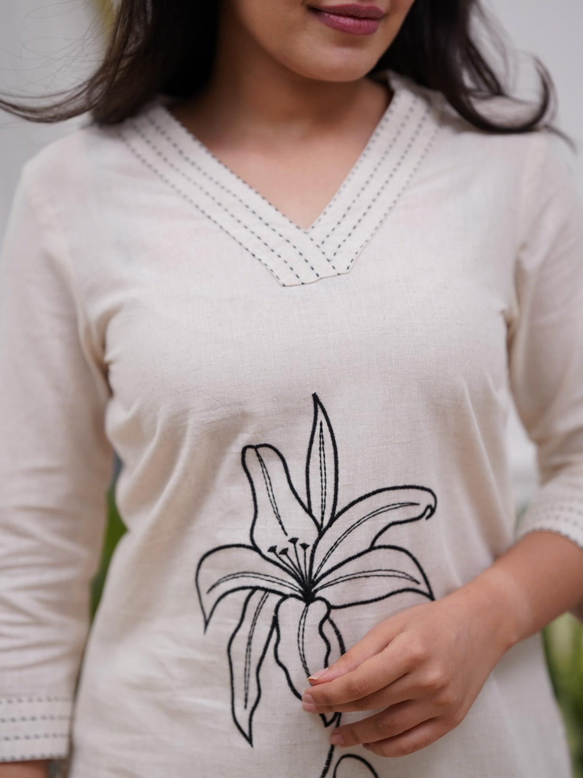 Cream Cotton Kurta Set With Black Embroidery