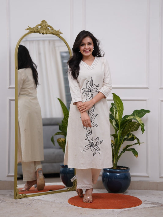 Cream Cotton Kurta Set With Black Embroidery