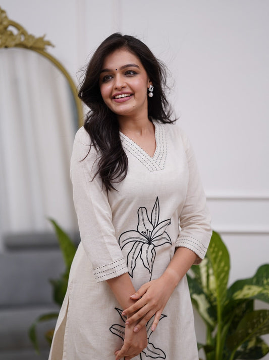 Cream Cotton Kurta Set With Black Embroidery