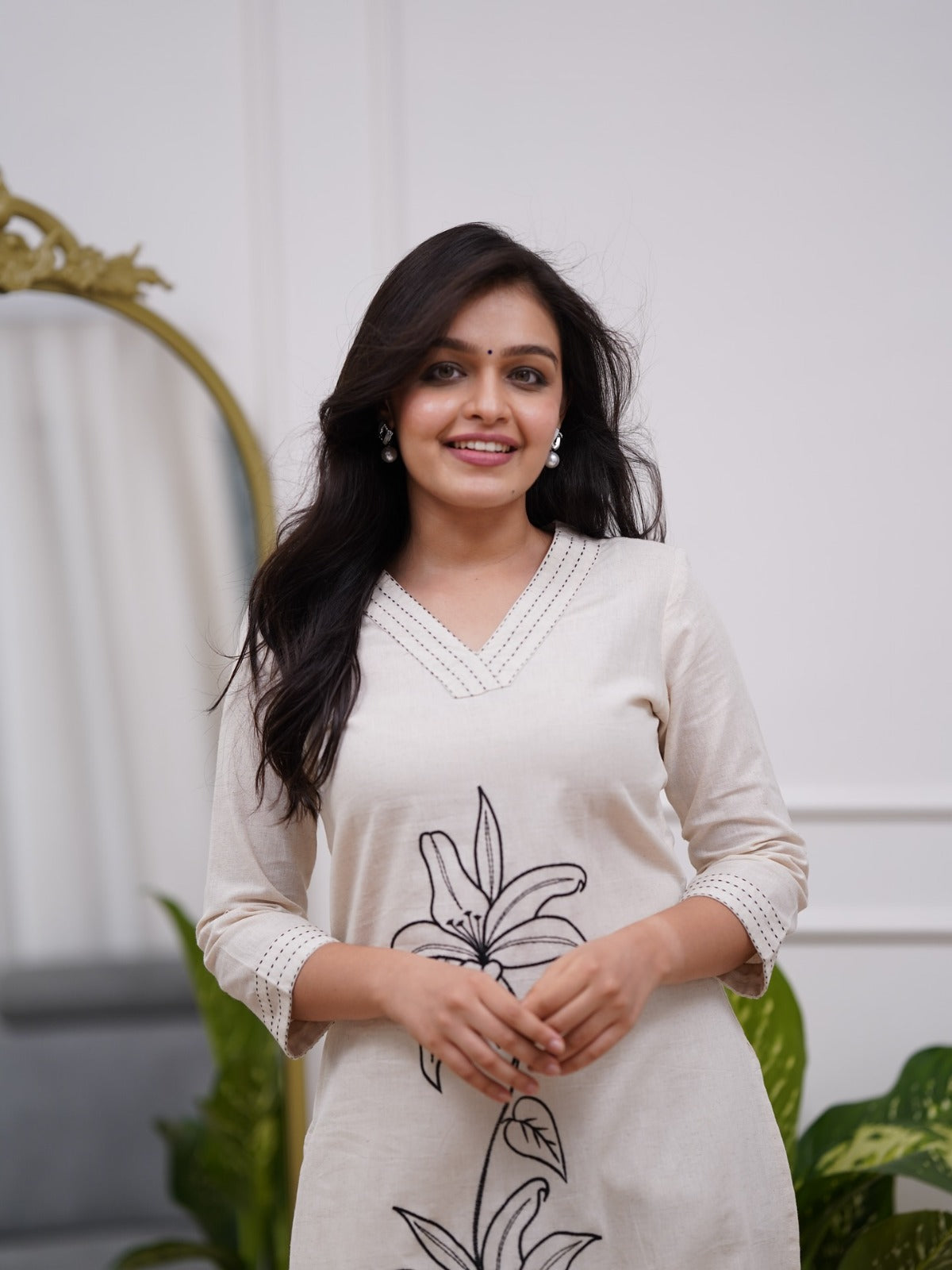 Cream Cotton Kurta Set With Black Embroidery