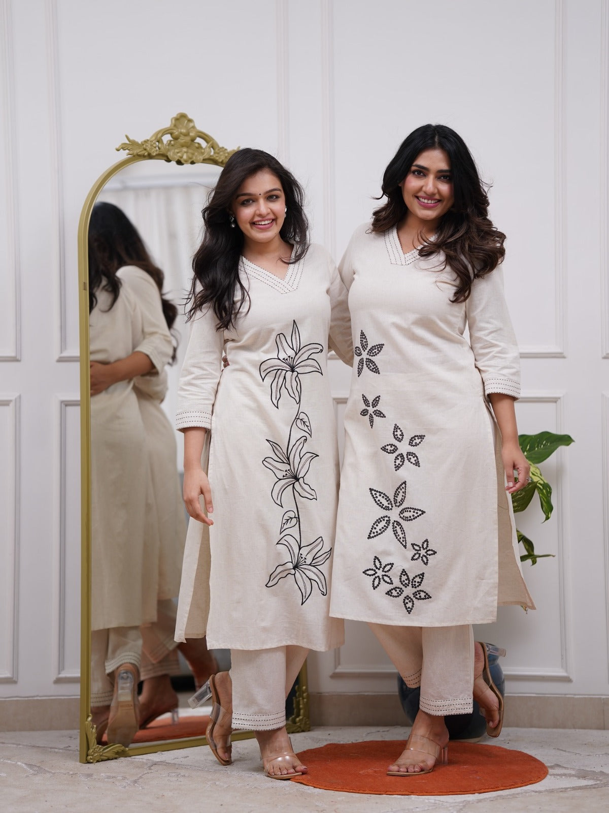 Cream Cotton Kurta Set With Black Embroidery