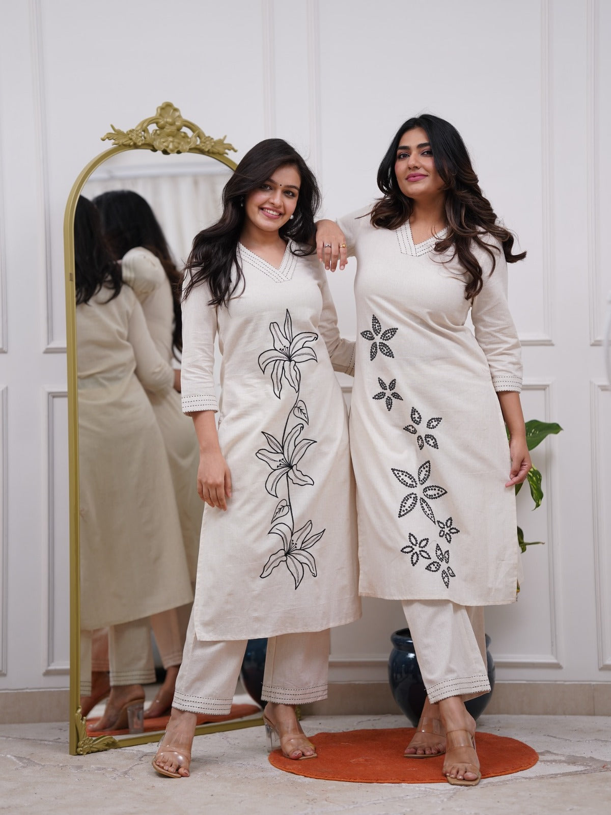 Cream Cotton Kurta Set With Black Embroidery