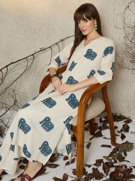 Cream Cotton Elephant Print Tunic Co-ord Set