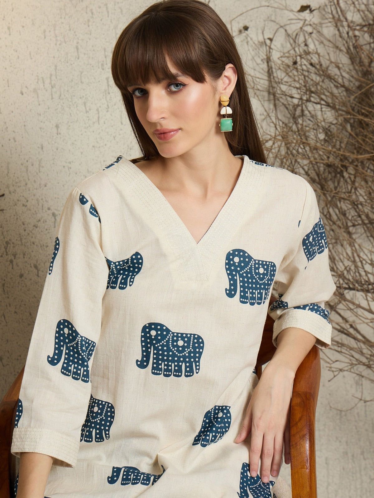 Cream Cotton Elephant Print Tunic Co-ord Set