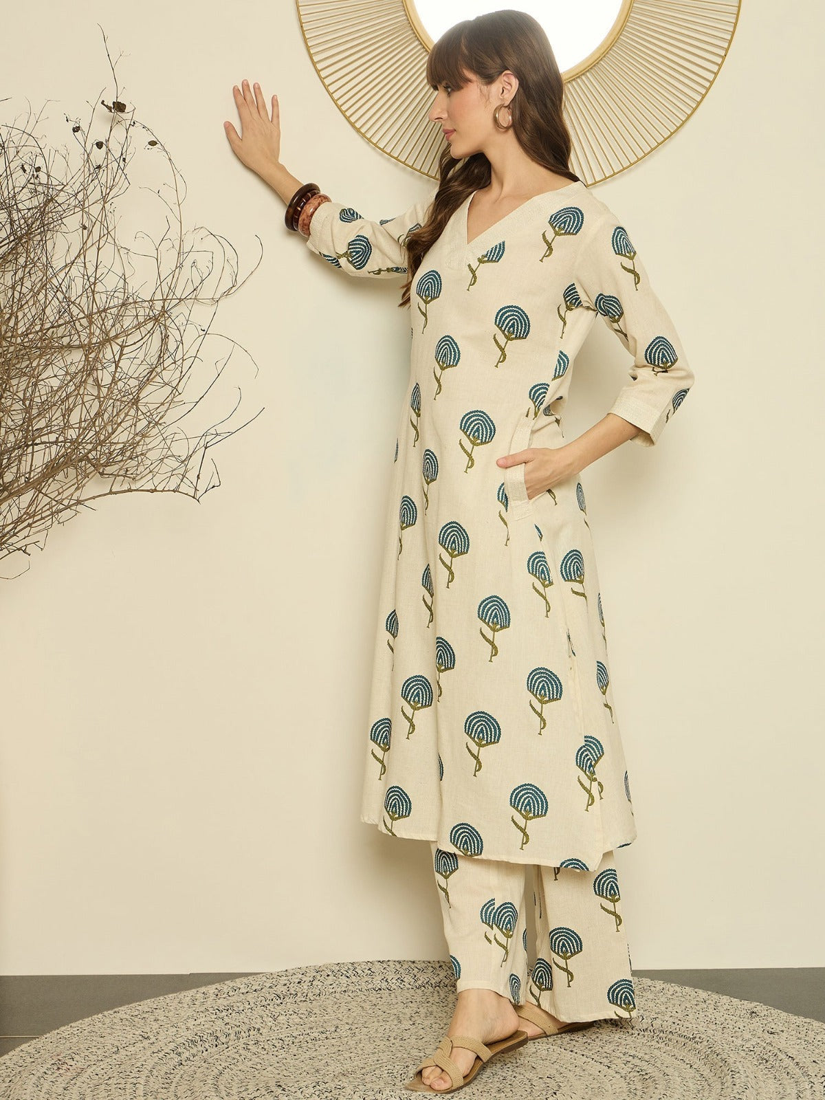 Cream Cotton Teal Botanical Print Co-ord Set