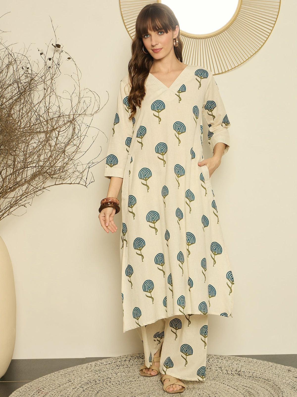 Cream Cotton Teal Botanical Print Co-ord Set