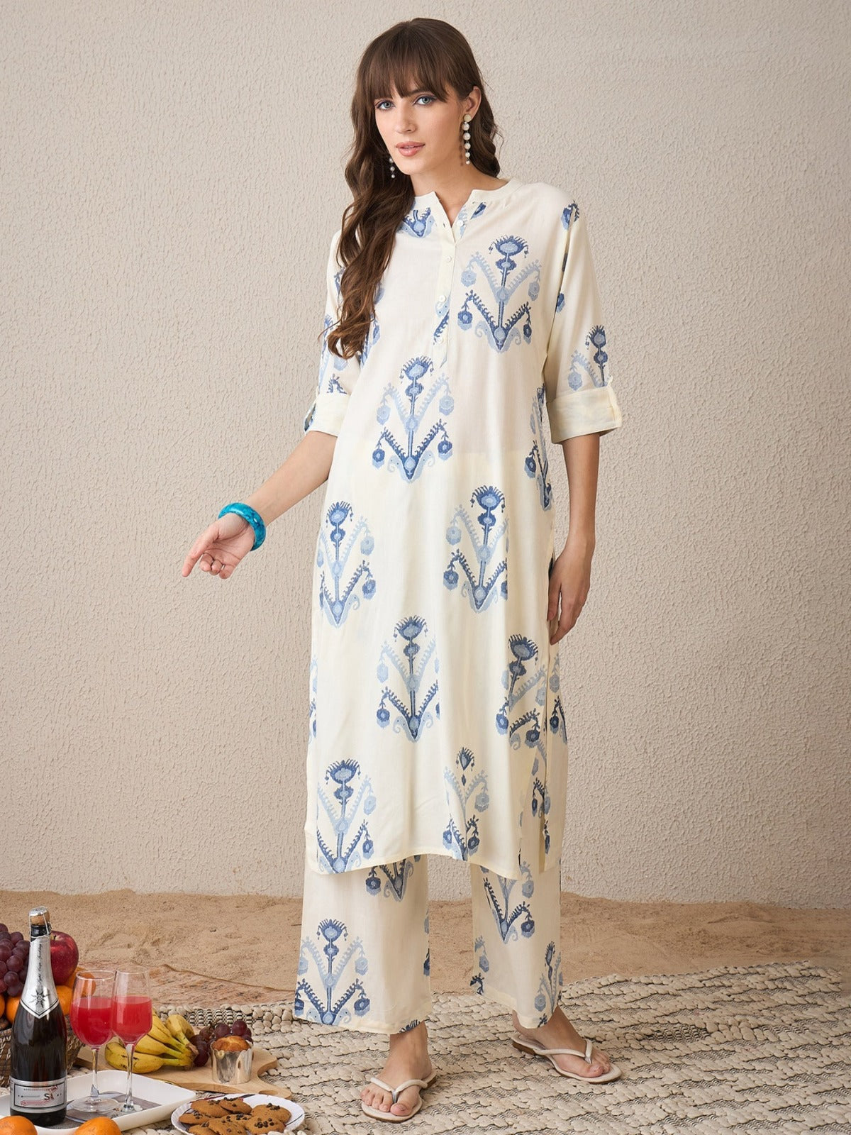 Straight Fit Cream Cotton Kurta Pant Set
