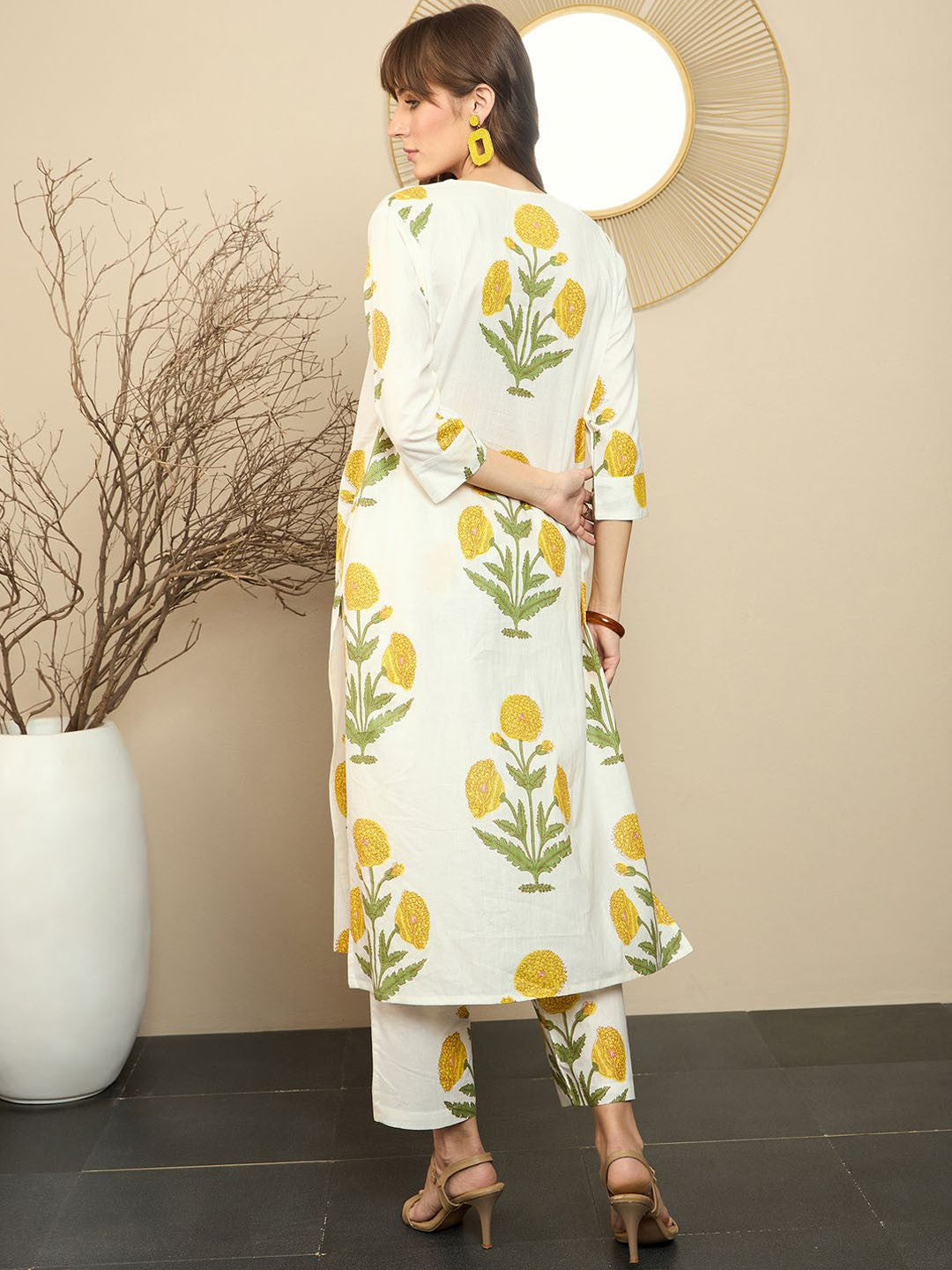 Premium Cream Cotton Marigold Print Kurta Set
