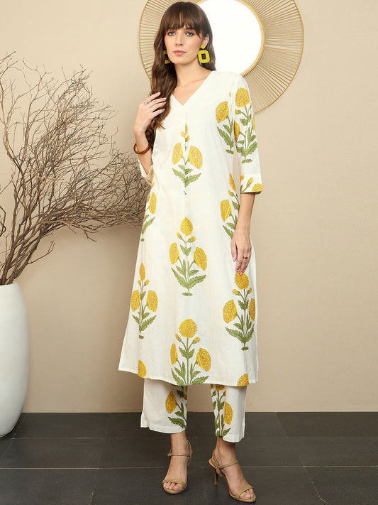Premium Cream Cotton Marigold Print Kurta Set