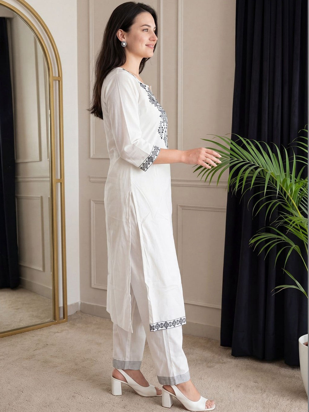 White Kurta Set With Charcoal Tribal Embroidery