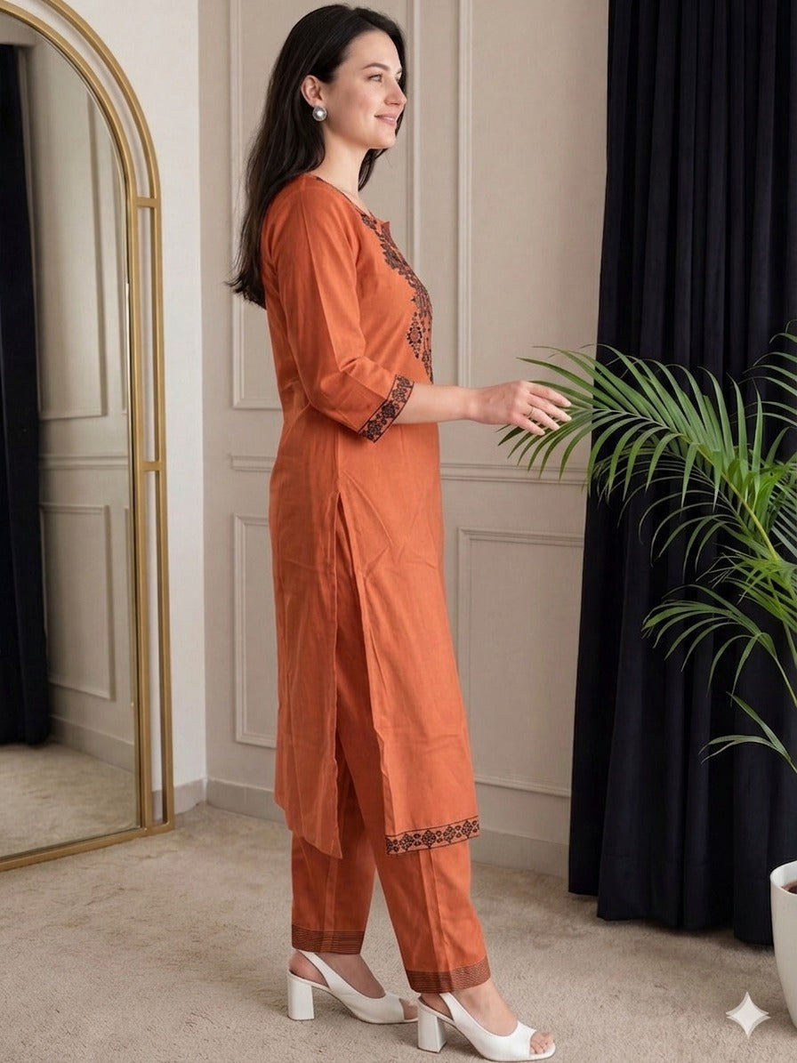 Orange Kurta Set With Charcoal Tribal Embroidery