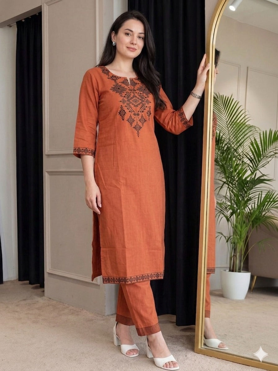 Orange Kurta Set With Charcoal Tribal Embroidery