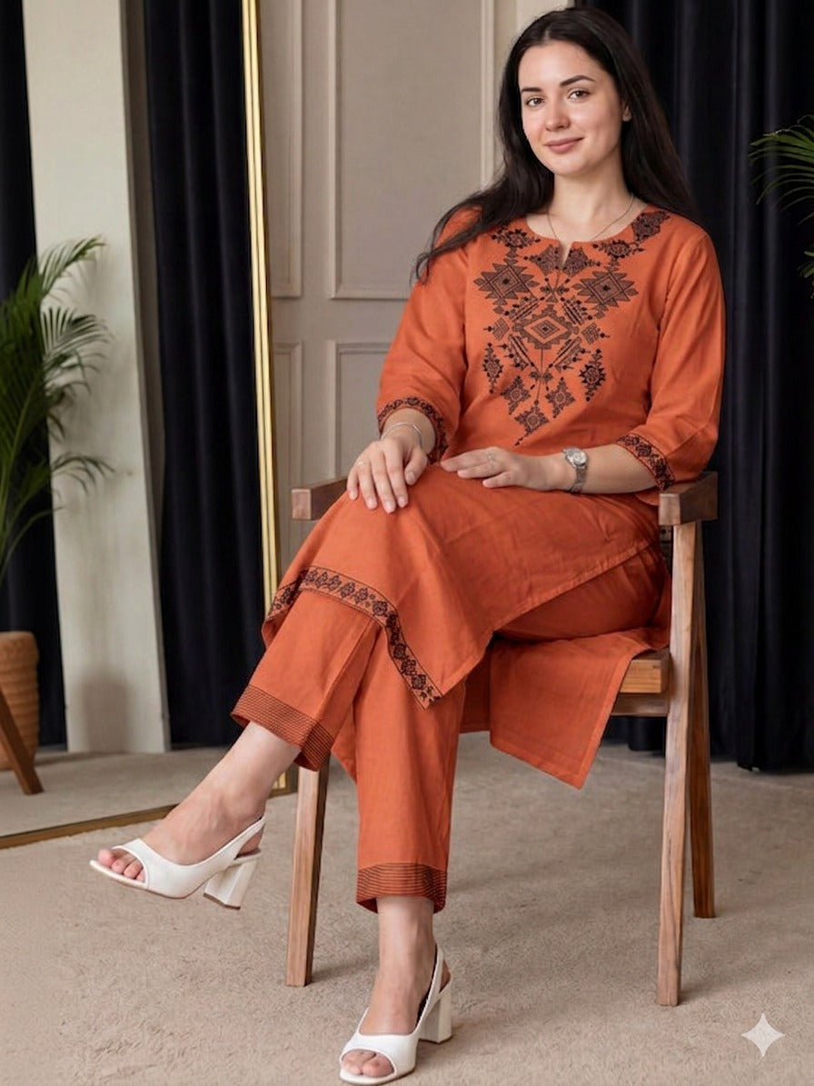 Orange Kurta Set With Charcoal Tribal Embroidery